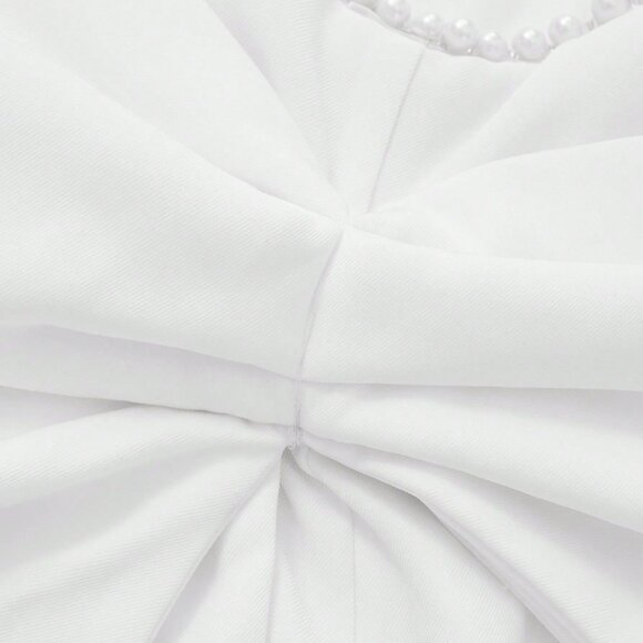 White Elegant Women's Pearl Bow Sexy Backless Dress - Picture 8 of 10